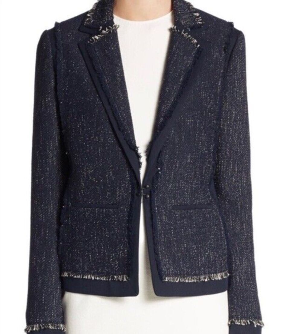 VINCE Small Fringed Navy Tweed Cotton Lyocell Blazer Jacket Career Office Formal